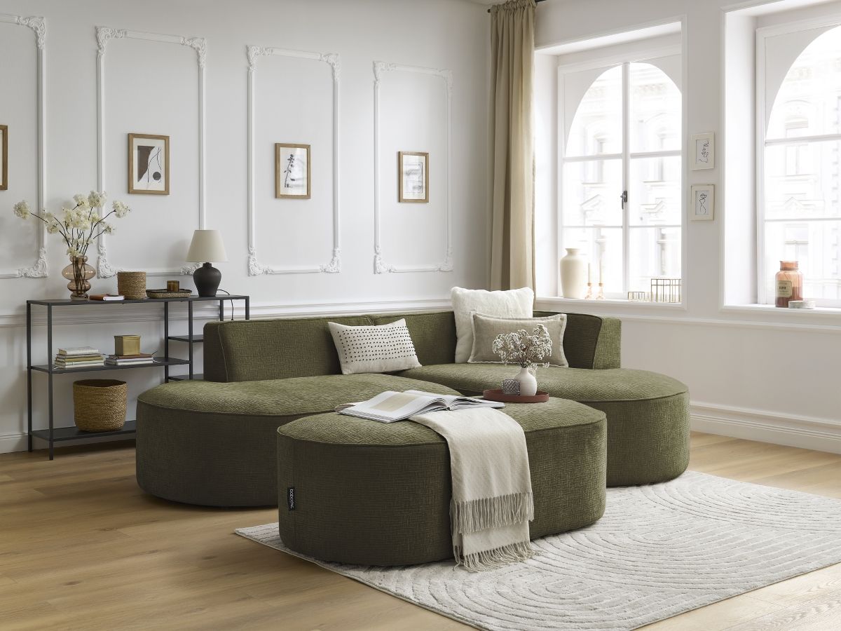 Bobochic Rousseau Ecksofa mit Pouf Strukturstoff Grün Ecke rechts