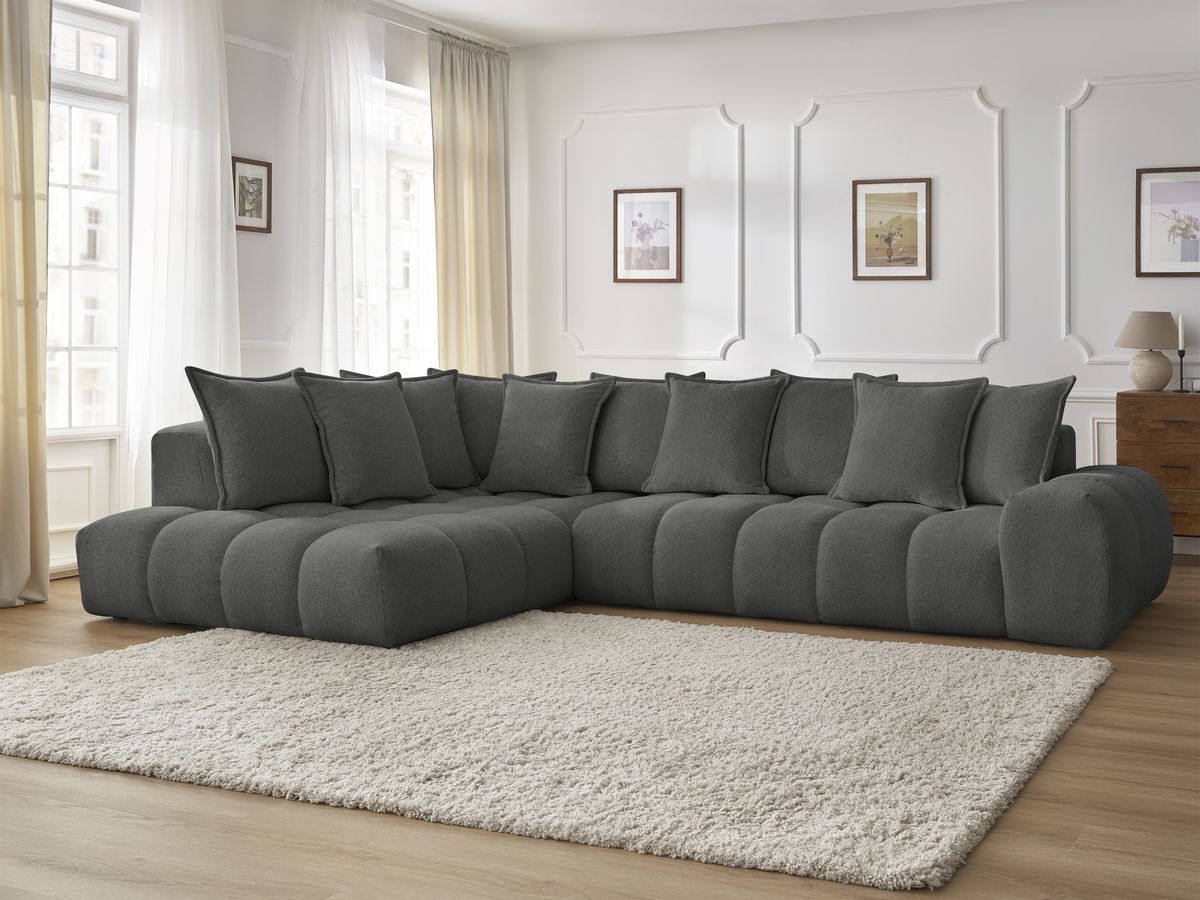 Bobochic Everest Ecksofa, 10 Kissen Melange-Stoff Dunkelgrau Ecke links
