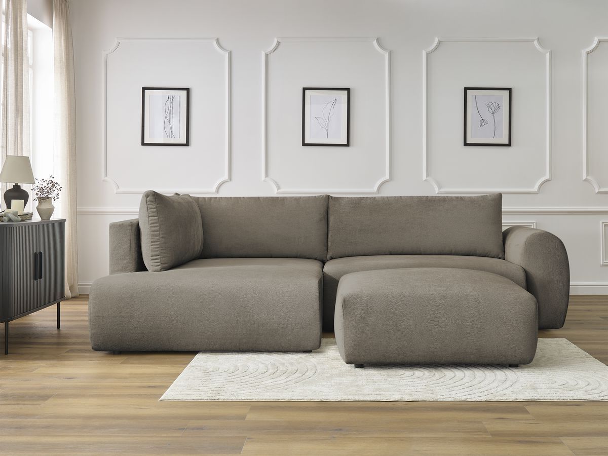 Bobochic Lucien Ecksofa mit Schlaffunktion und Bettkasten und Pouf 296 × 198 cm Stoff Taupe Ecke links