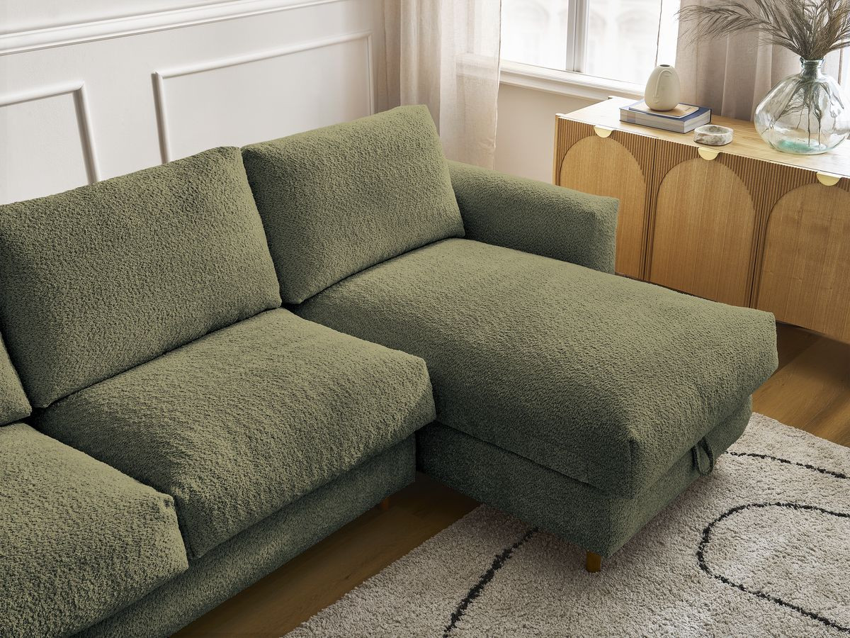 Bobochic Cocoone Ecksofa mit Schlaffunktion und Bettkasten Bouclé-Stoff Grün, Liegefläche 160 × 200 cm