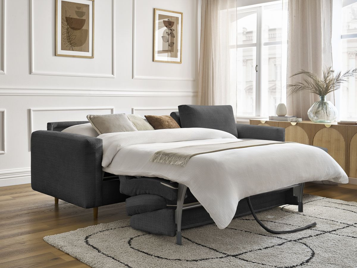 Bobochic Cocoone Ecksofa mit Schlaffunktion und Bettkasten Strukturstoff Schwarz, Liegefläche 140 × 200 cm