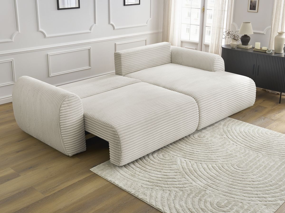 Bobochic Lucien Ecksofa mit Schlaffunktion und Bettkasten 314 × 167 cm Breitcord weich Beige Ecke rechts