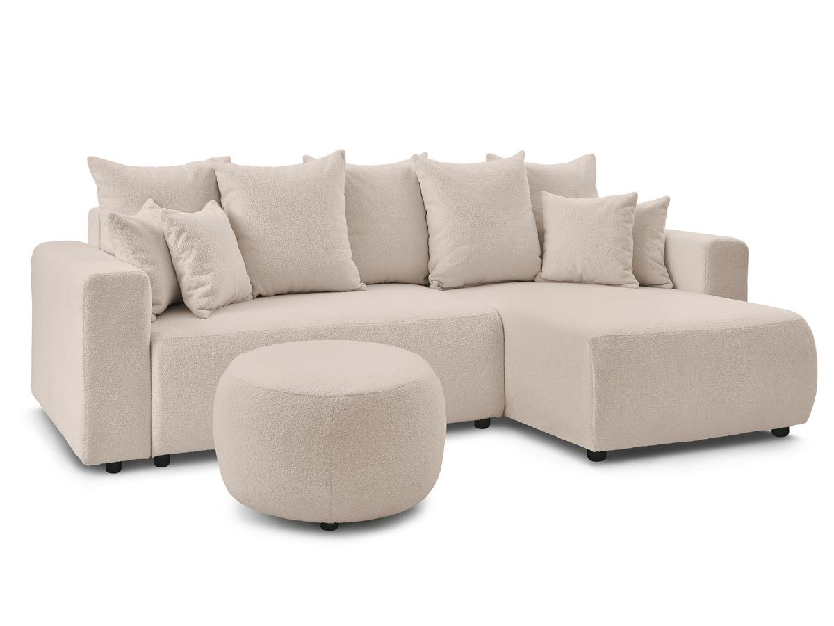 Bobochic Envy Ecksofa mit Schlaffunktion und Bettkasten und rundem Pouf