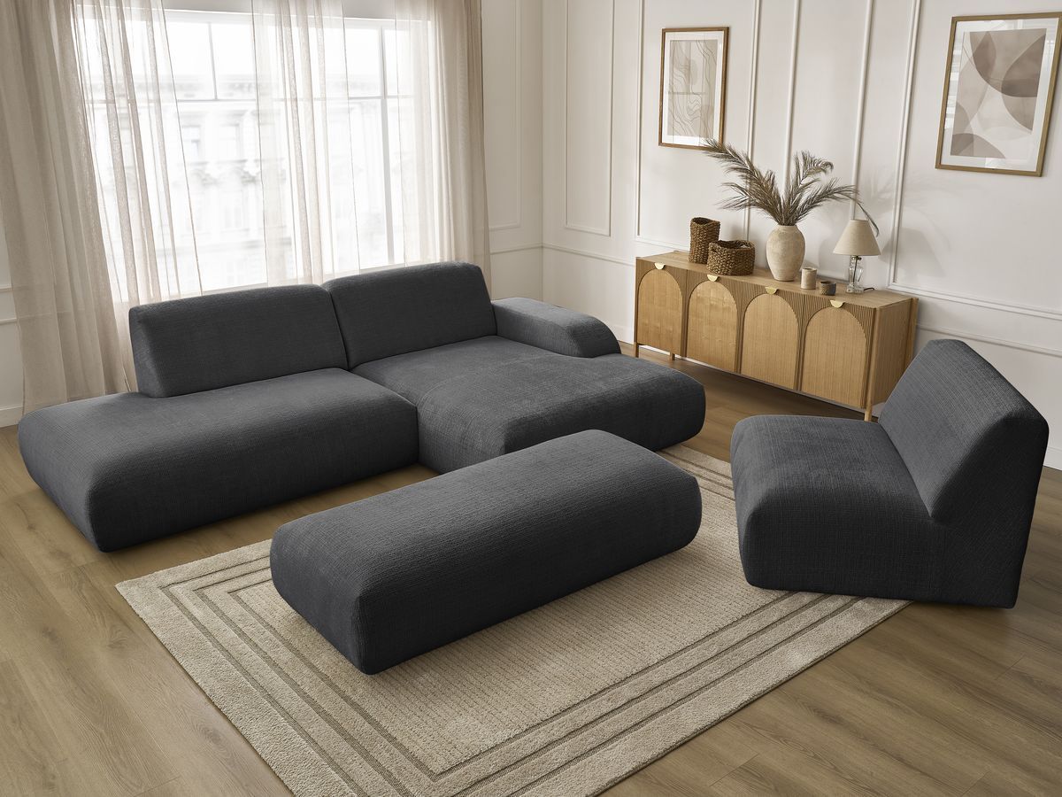 Bobochic Sirius Ecksofa mit Pouf 405 × 170 cm Strukturstoff Schwarz Ecke rechts