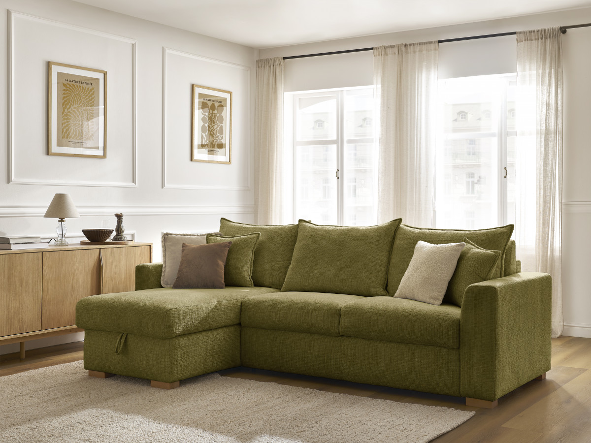 Bobochic Augustin Ecksofa mit Schlaffunktion und Bettkasten Strukturstoff Grün, Liegefläche 140 × 200 cm