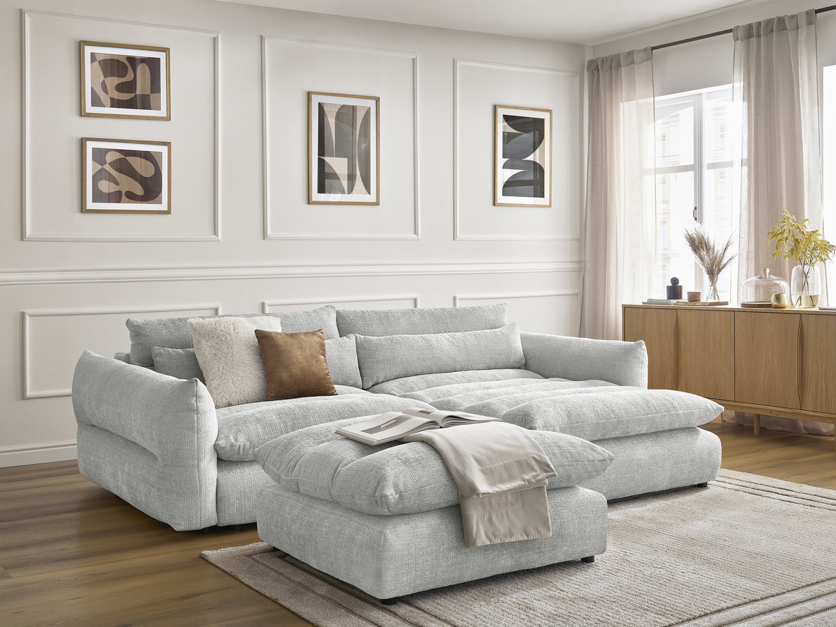 Bobochic Neil Ecksofa mit Pouf Strukturstoff Hellgrau Ecke rechts