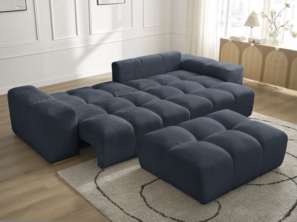 Bobochic Anakin Ecksofa mit Schlaffunktion und Bettkasten und Pouf, 6 Kissen Strukturstoff Dunkelblau