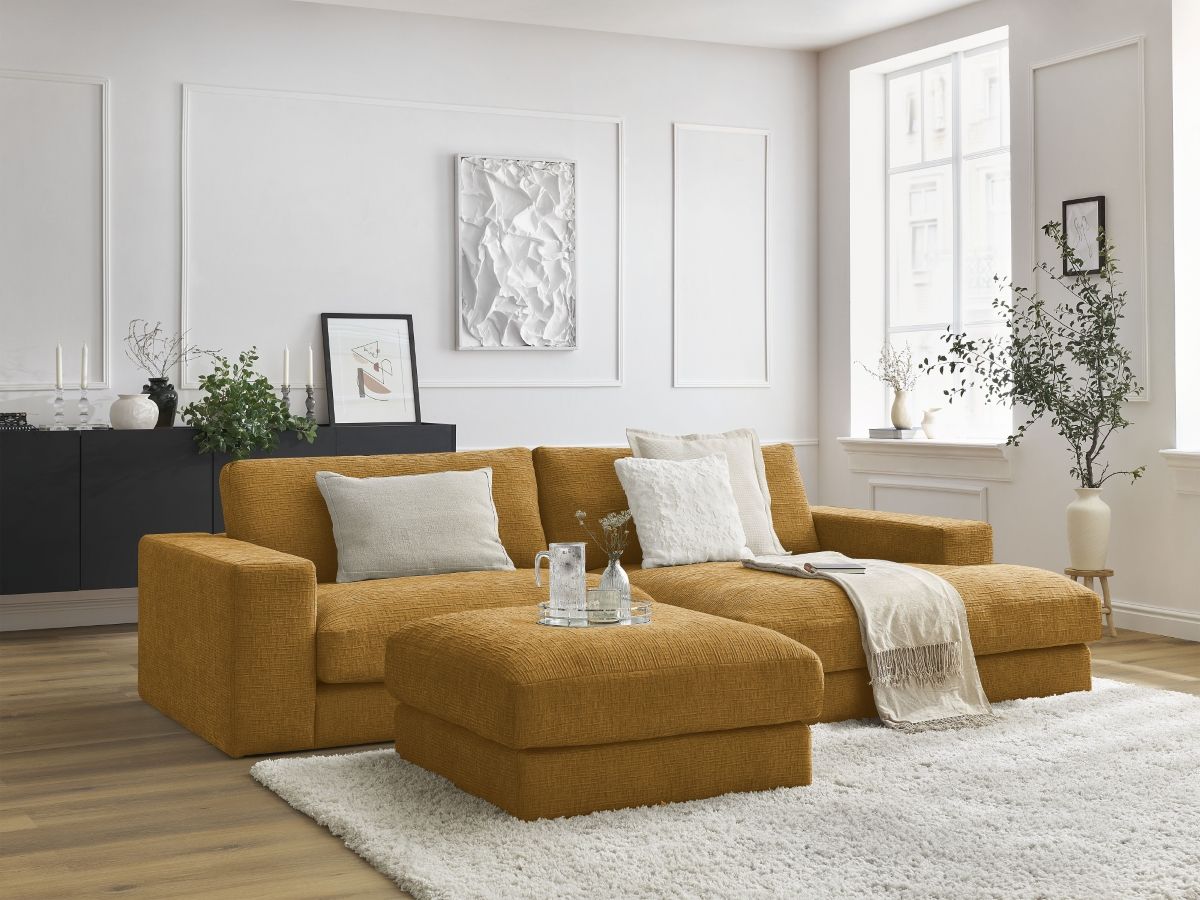 Bobochic Leonard Ecksofa mit Pouf 274 × 159 cm Strukturstoff Gelb Ecke rechts