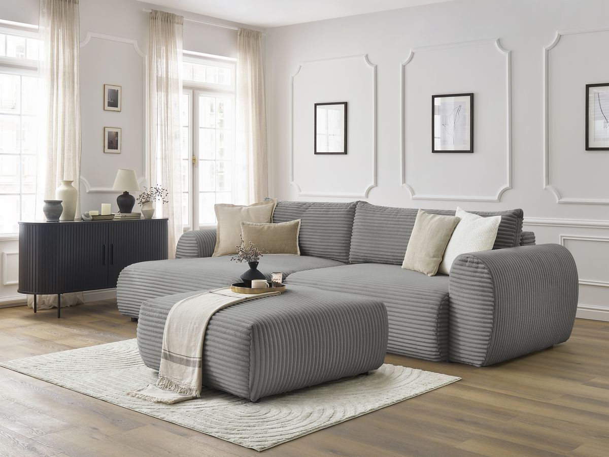 Bobochic Lucien Ecksofa mit Schlaffunktion und Bettkasten und Pouf 314 × 167 cm Breitcord weich Dunkelgrau Ecke links
