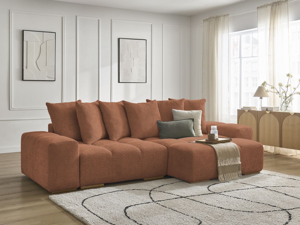 Bobochic Anakin Ecksofa, 6 Kissen Bouclé-Stoff Orange