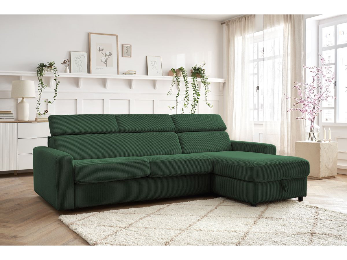 Bobochic Monaco Ecksofa mit Schlaffunktion und Bettkasten Cordsamt Grün, Liegefläche 160 × 190 cm
