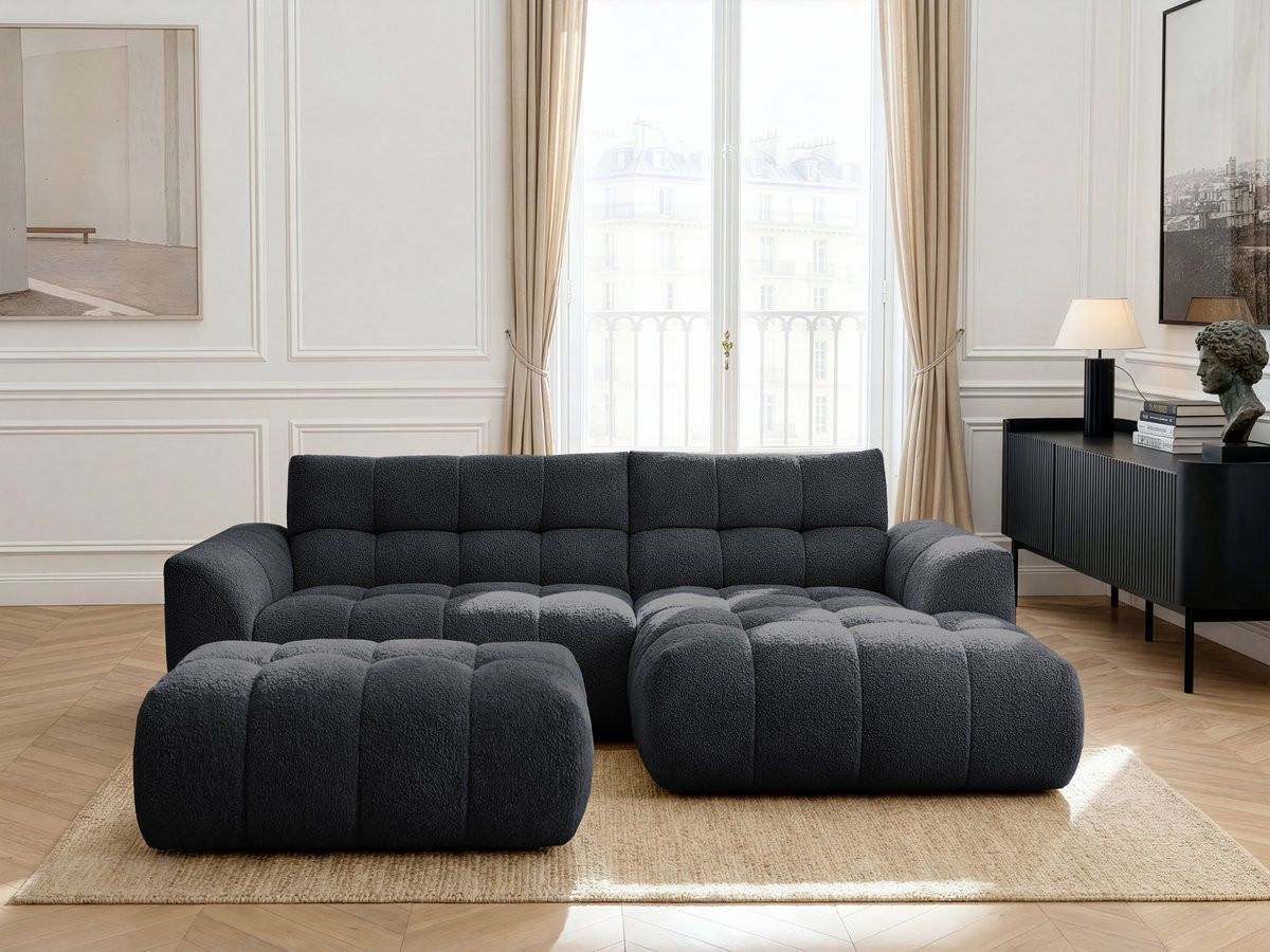 Bobochic Jaya Ecksofa mit Pouf Chenille Schwarz Ecke rechts
