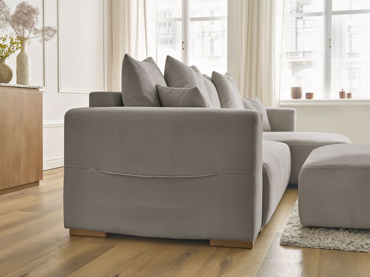 Bobochic Sidonie Ecksofa mit Schlaffunktion und Bettkasten und Pouf Cordsamt Taupe