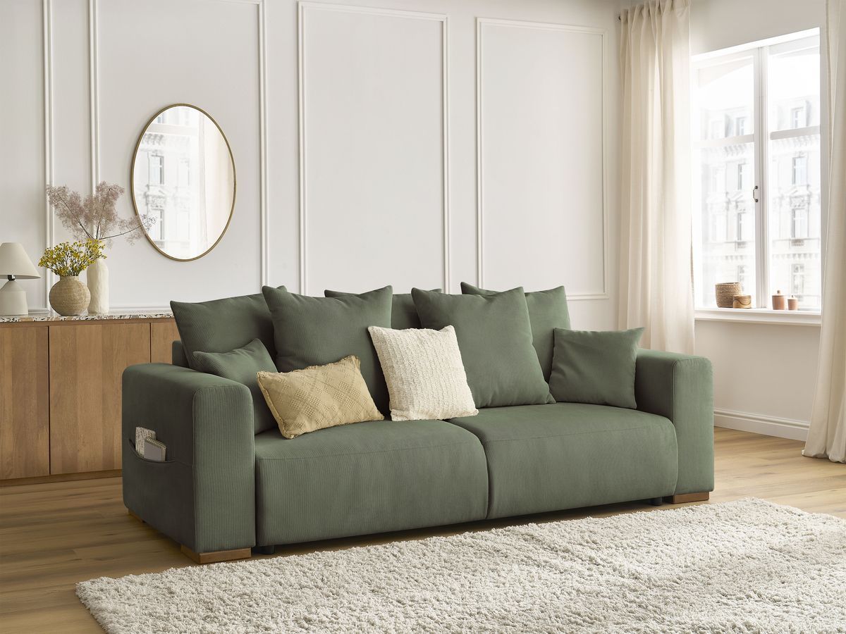 Bobochic Sidonie Schlafsofa 3-Sitzer mit Bettkasten Cordsamt Grün