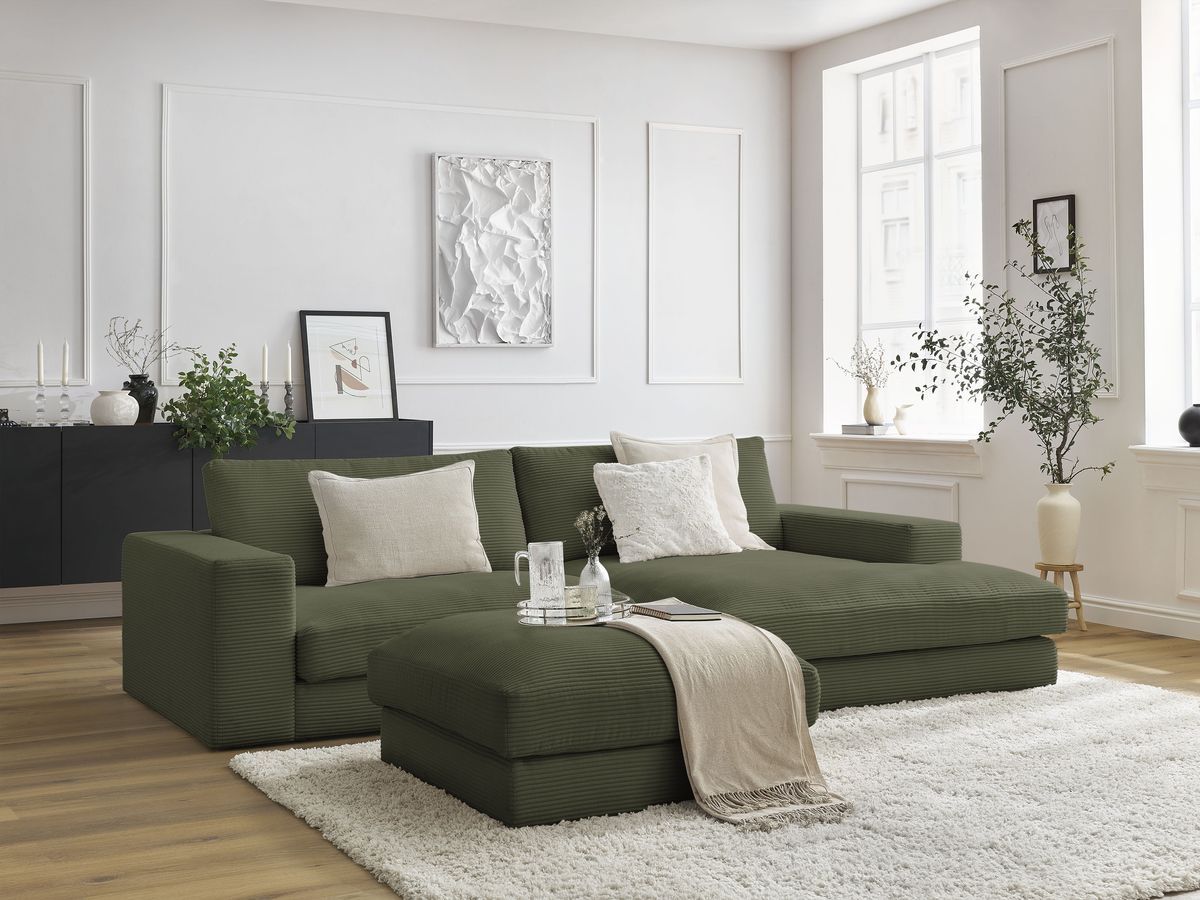 Bobochic Leonard Ecksofa mit Pouf 274 × 159 cm Cordsamt Hellgrün Ecke rechts