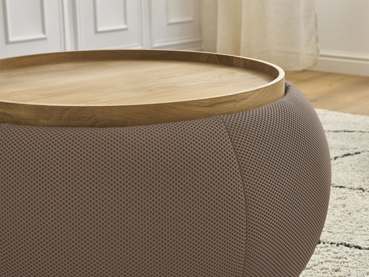 Bobochic Hayden Pouf mit Tablett, rund Mesh-Stoff Braun, 77 cm
