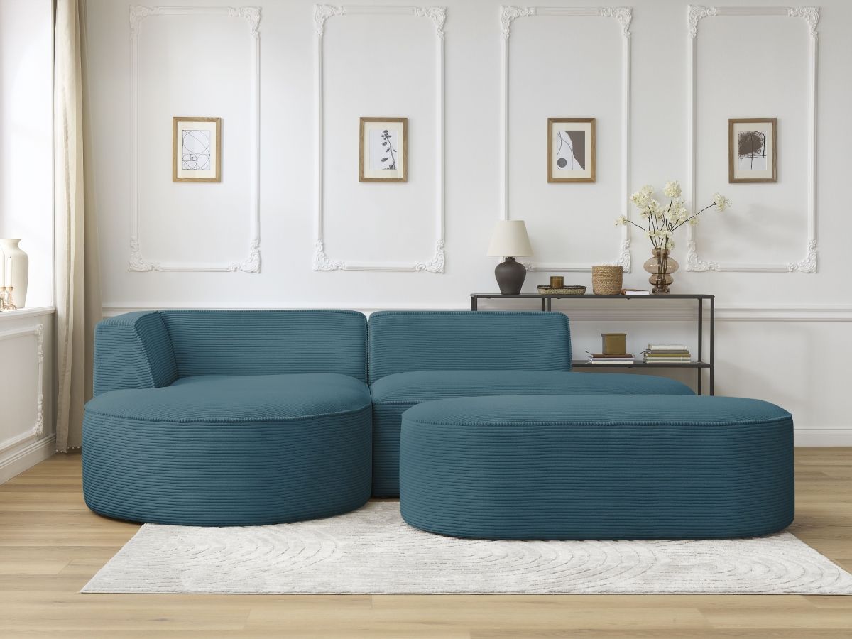 Bobochic Rousseau Ecksofa mit Pouf Cordsamt Dunkelblau Ecke links