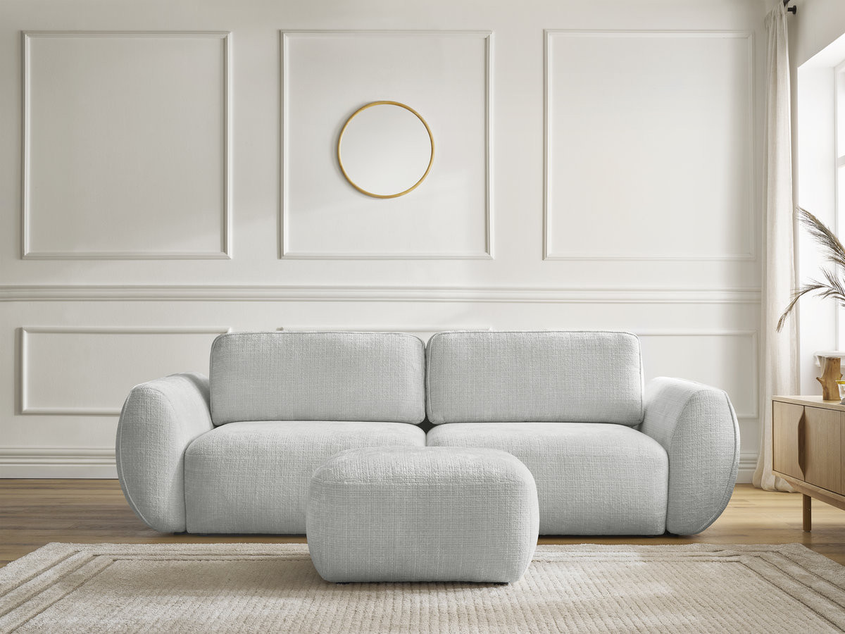 Bobochic Denise Schlafsofa 3-Sitzer mit Bettkasten und Pouf Strukturstoff Hellgrau