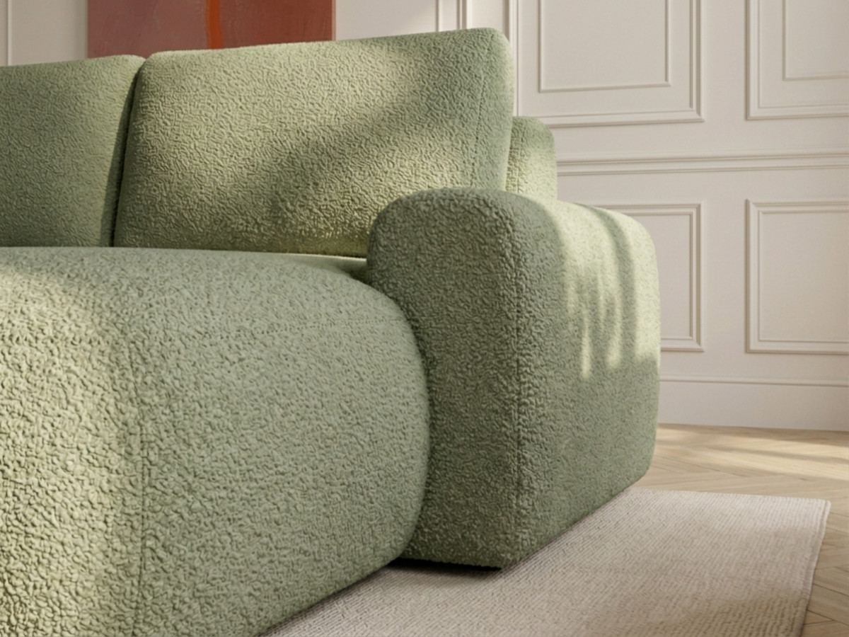 Bobochic Tango Ecksofa mit Schlaffunktion und Bettkasten Bouclé-Stoff Grün Ecke rechts