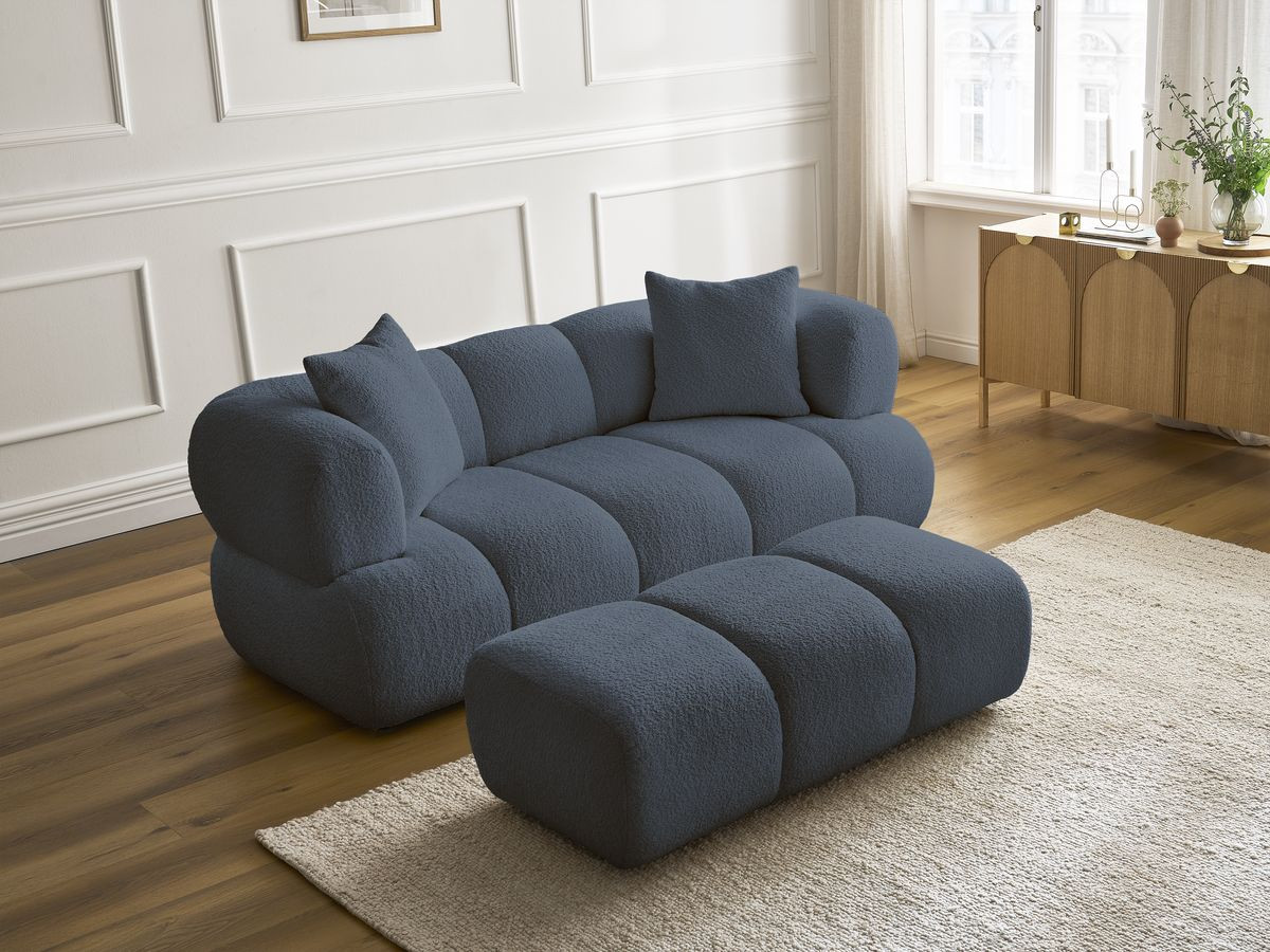 Bobochic Pamira Sofa 2-Sitzer mit Pouf Bouclé-Stoff Dunkelblau