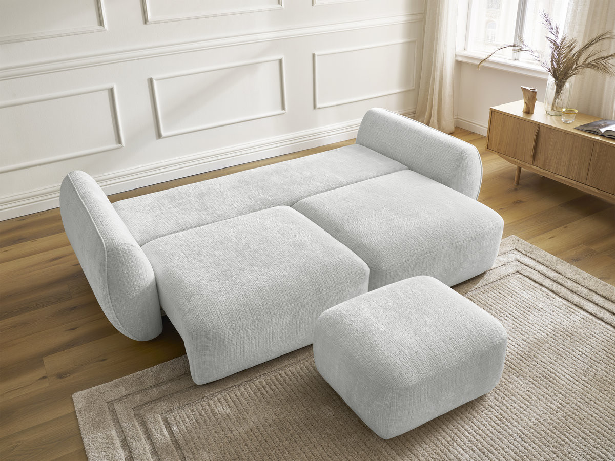 Bobochic Denise Schlafsofa 3-Sitzer mit Bettkasten und Pouf Strukturstoff Hellgrau