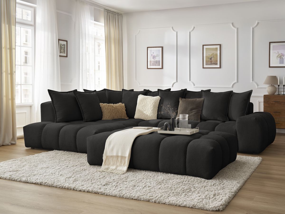 Bobochic Everest Ecksofa mit Schlaffunktion und Pouf, 10 Kissen Strukturstoff Schwarz Ecke links
