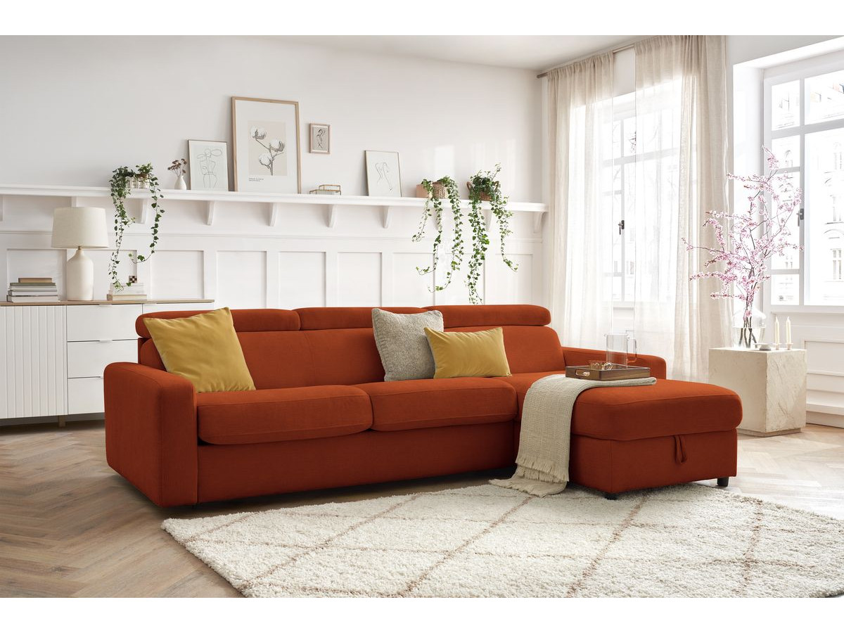 Bobochic Monaco Ecksofa mit Schlaffunktion und Bettkasten Stoff Orange, Liegefläche 160 × 190 cm