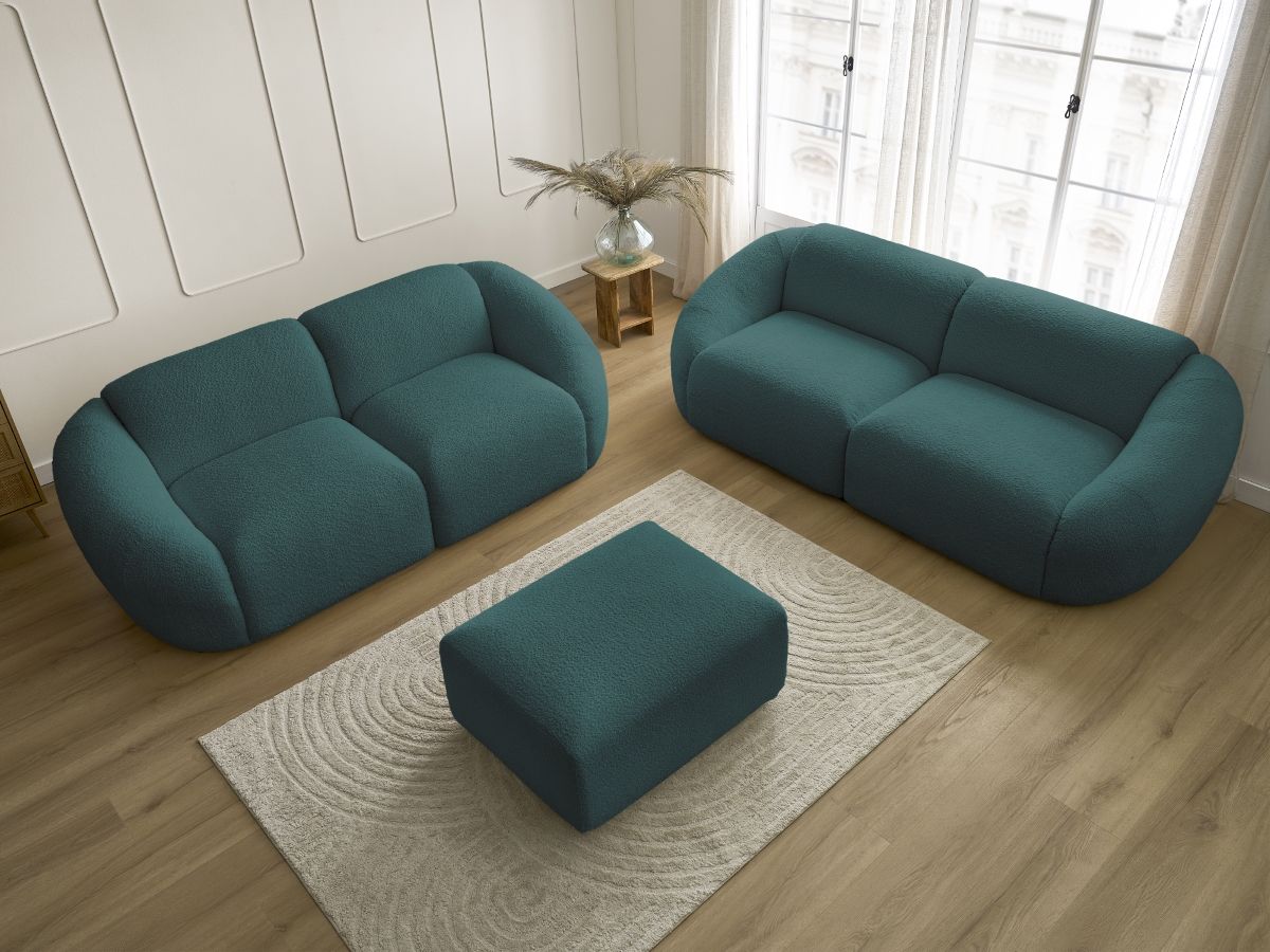 Bobochic Tina Sofa 6-Sitzer mit Pouf Bouclé-Stoff Hellblau