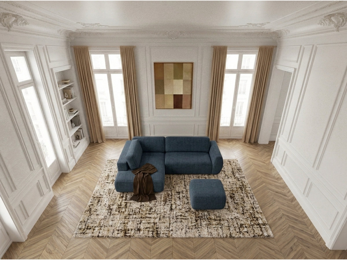 Bobochic Denise Ecksofa mit Schlaffunktion und Bettkasten und Pouf 256 × 197 cm Strukturstoff Dunkelblau Ecke links