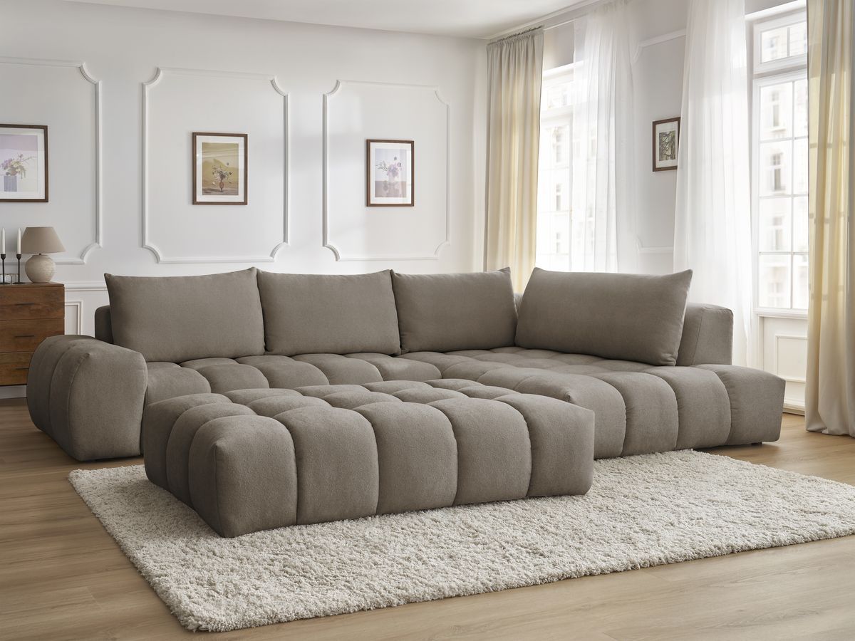 Bobochic Everest Ecksofa mit Schlaffunktion und Pouf, 4 Kissen Strukturstoff Taupe Ecke rechts