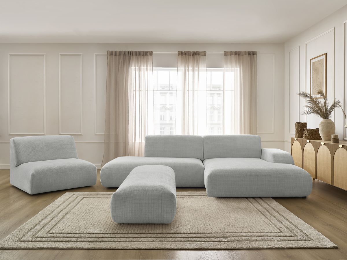 Bobochic Sirius Ecksofa mit Pouf 405 × 170 cm Strukturstoff Hellgrau Ecke rechts