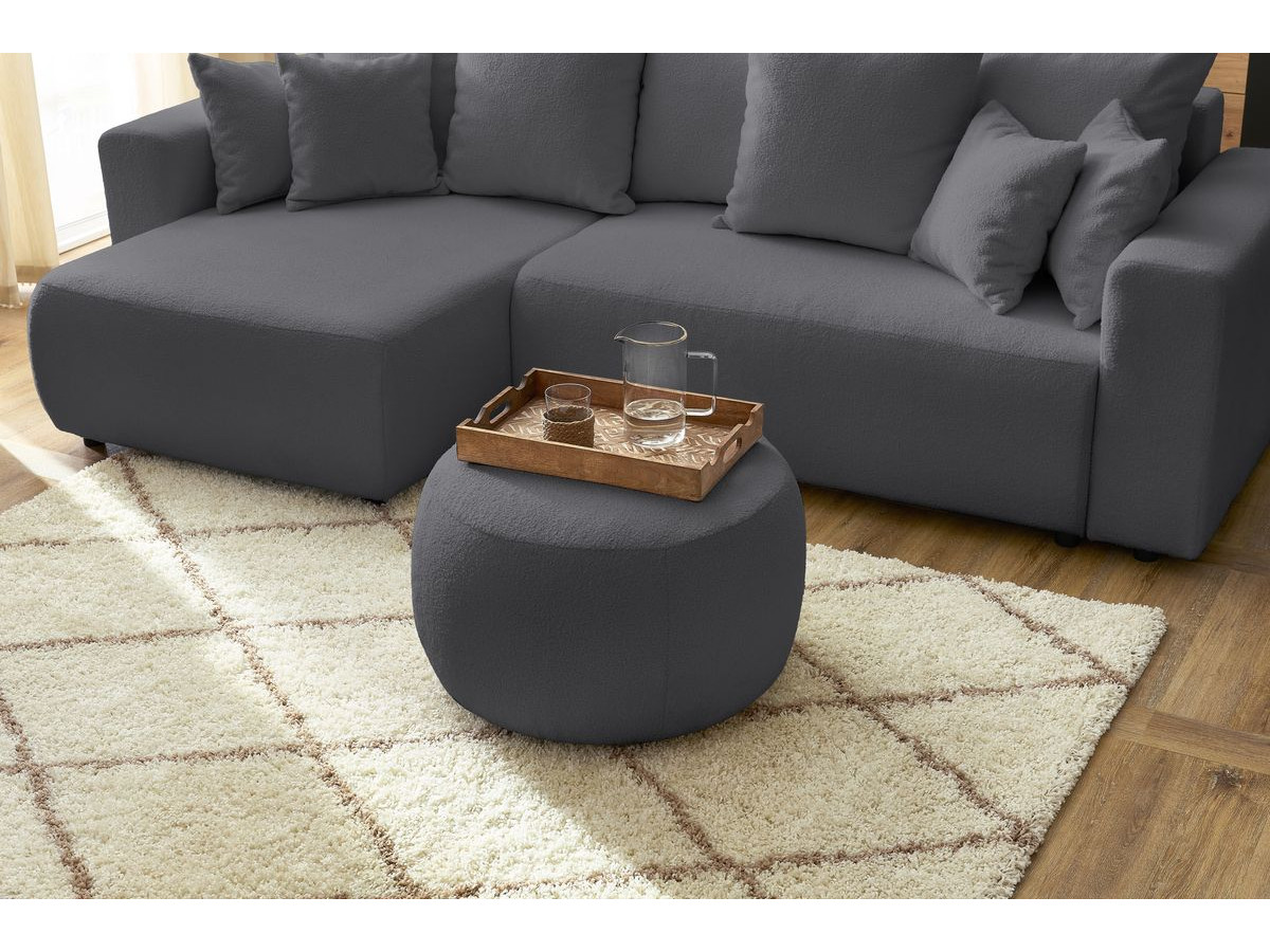 Bobochic Envy Ecksofa mit Schlaffunktion und Bettkasten und rundem Pouf Bouclé-Stoff Dunkelgrau
