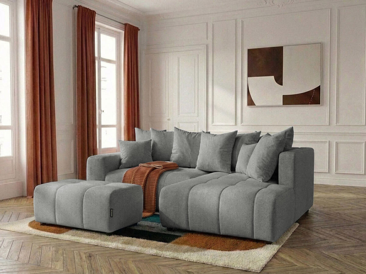Bobochic Roxelane Ecksofa mit Schlaffunktion und Bettkasten und Pouf Melange-Stoff Hellgrau Ecke rechts