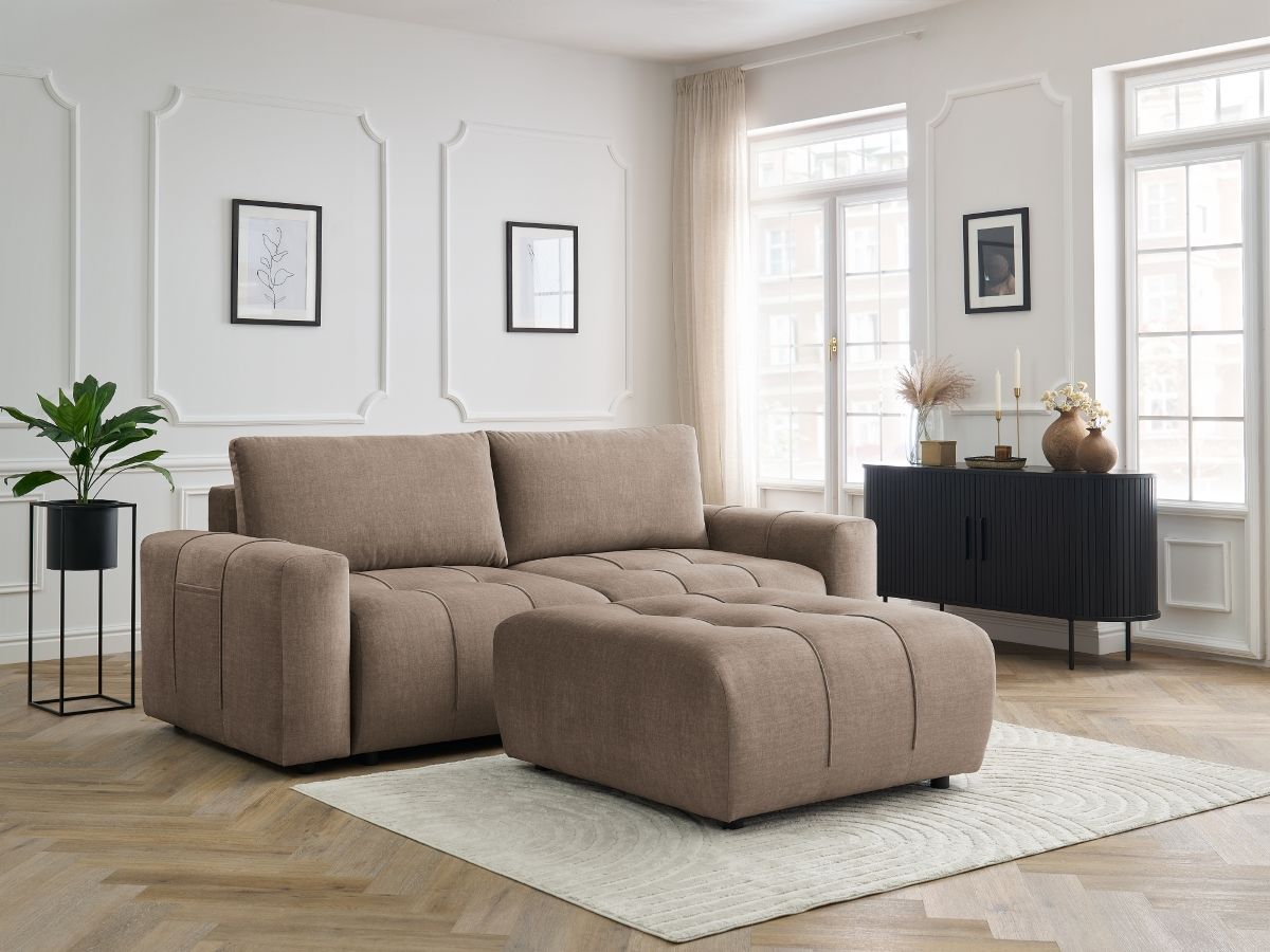 Bobochic Arsene Schlafsofa 4-Sitzer mit Bettkasten und Pouf Samt Taupe