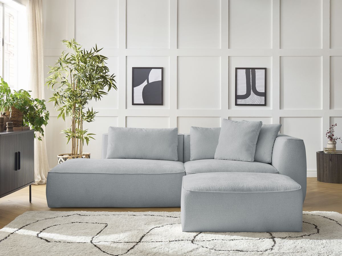 Bobochic Leopold Sofa 4-Sitzer mit Pouf Strukturstoff Hellgrau Armlehne rechts