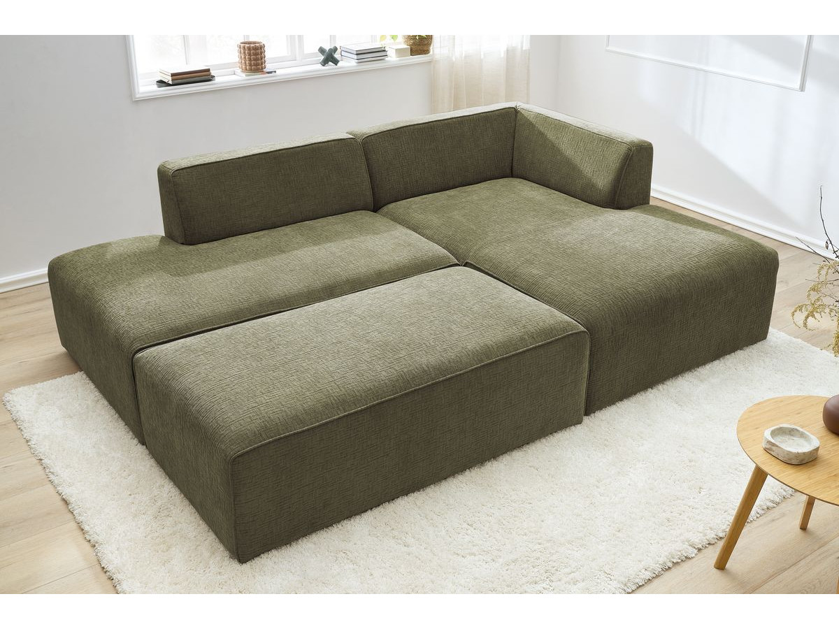 Bobochic Megeve Ecksofa mit Schlaffunktion und Pouf Strukturstoff Grün Ecke rechts