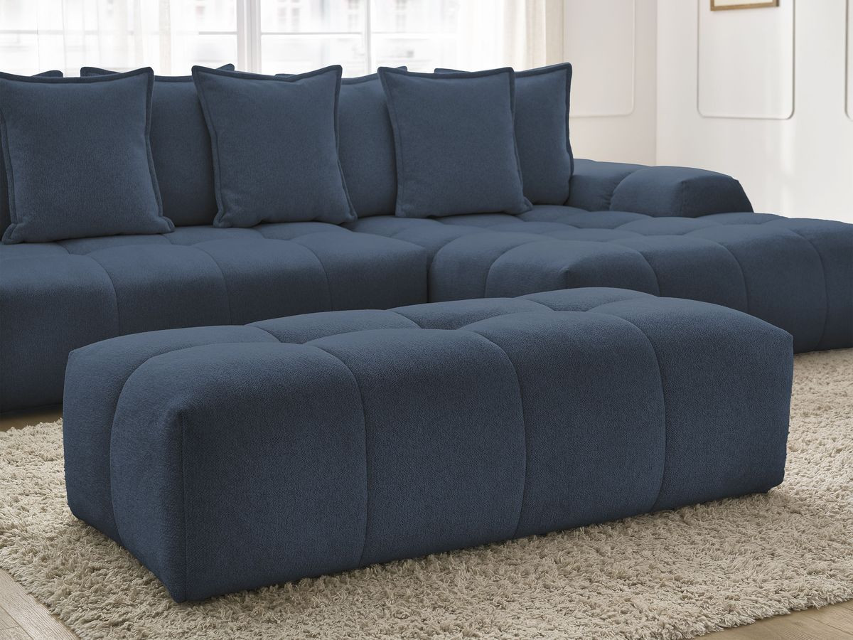Bobochic Everest Ecksofa mit Schlaffunktion und Bettkasten und Pouf 318 × 180 cm, 7 Kissen Melange-Stoff Dunkelblau Ecke rechts