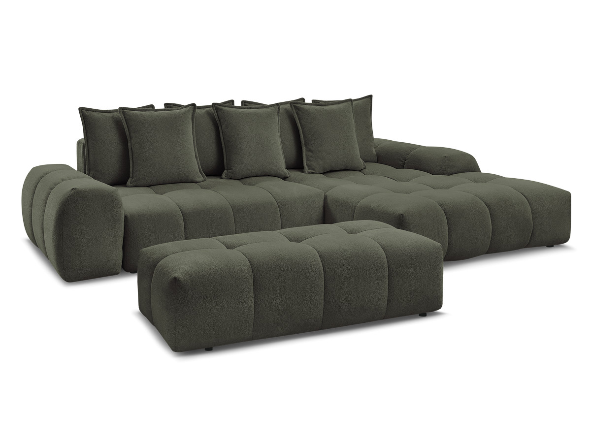 Bobochic Everest Ecksofa mit Schlaffunktion und Bettkasten und Pouf 318 × 180 cm, 7 Kissen Melange-Stoff Grün Ecke rechts