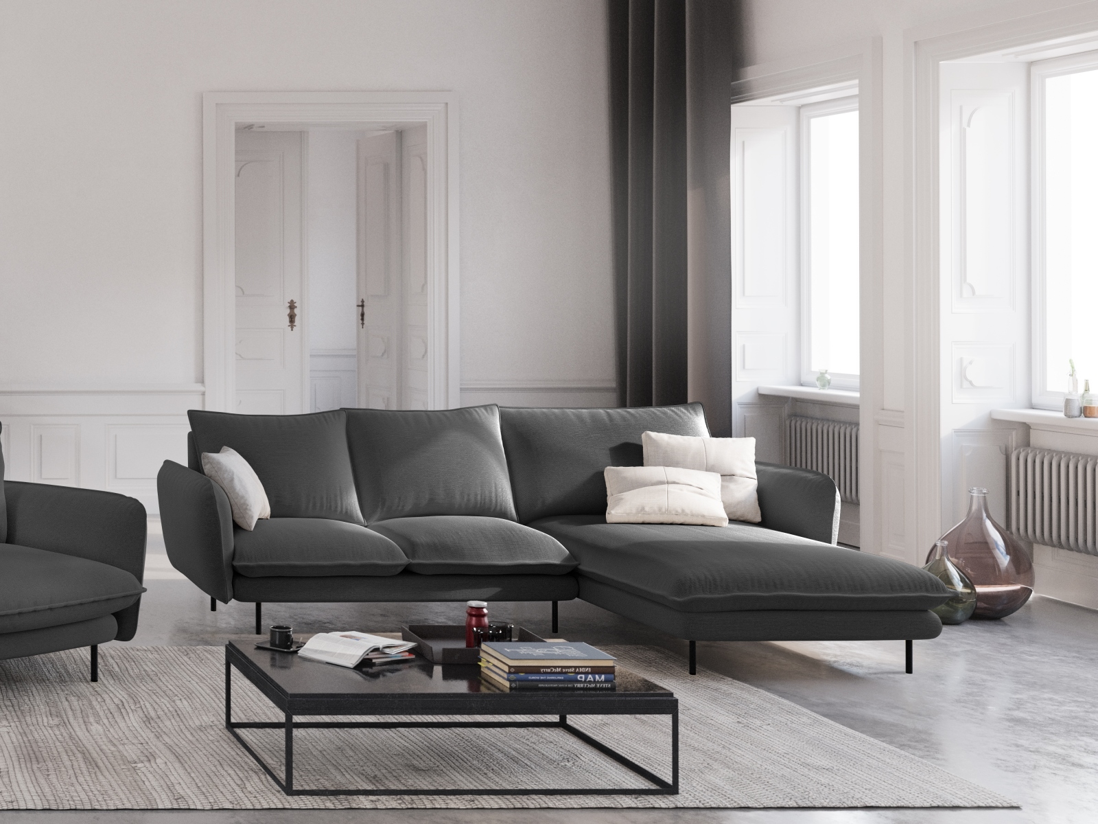 Cosmopolitan Design Ecksofa Vienna 5-Sitzer Strukturierter Stoff Positano Dunkelgrau Melange Rechts Beine Schwarzes Metall