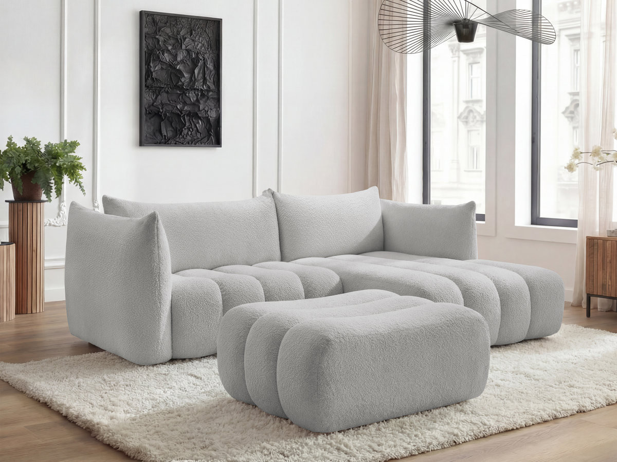 Bobochic Azra Ecksofa mit Pouf 262 × 178 cm Bouclé-Stoff Hellgrau Ecke rechts