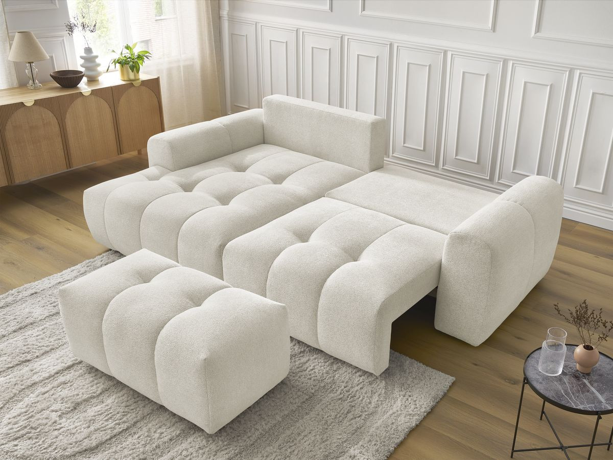 Bobochic Roxelane Ecksofa mit Schlaffunktion und Bettkasten und Pouf 258 × 150 cm Melange-Stoff Weiß Ecke links
