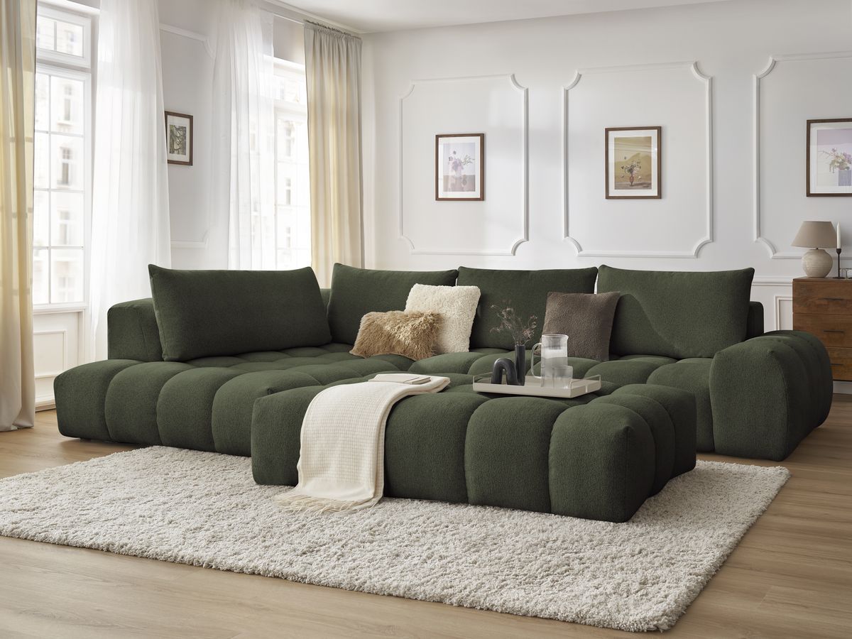 Bobochic Everest Ecksofa mit Schlaffunktion und Pouf, 4 Kissen Melange-Stoff Grün Ecke links