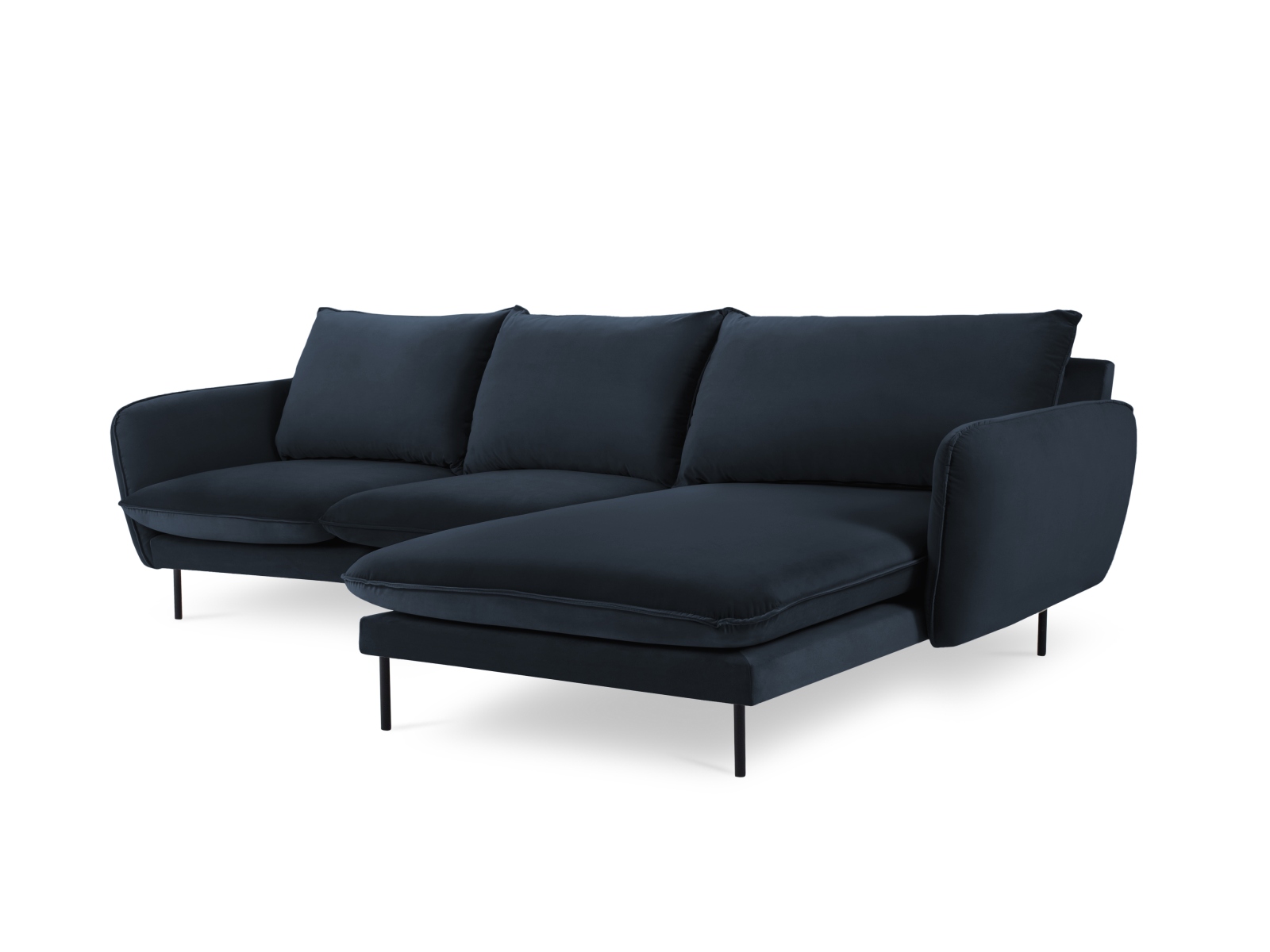 Cosmopolitan Design Ecksofa Vienna 5-Sitzer Samt Bluvel Dunkelblau Rechts Beine Schwarzes Metall