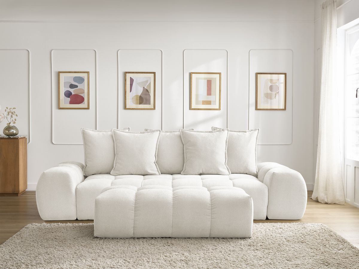 Bobochic Everest Sofa 3-Sitzer mit Pouf, 5 Kissen Strukturstoff Weiß