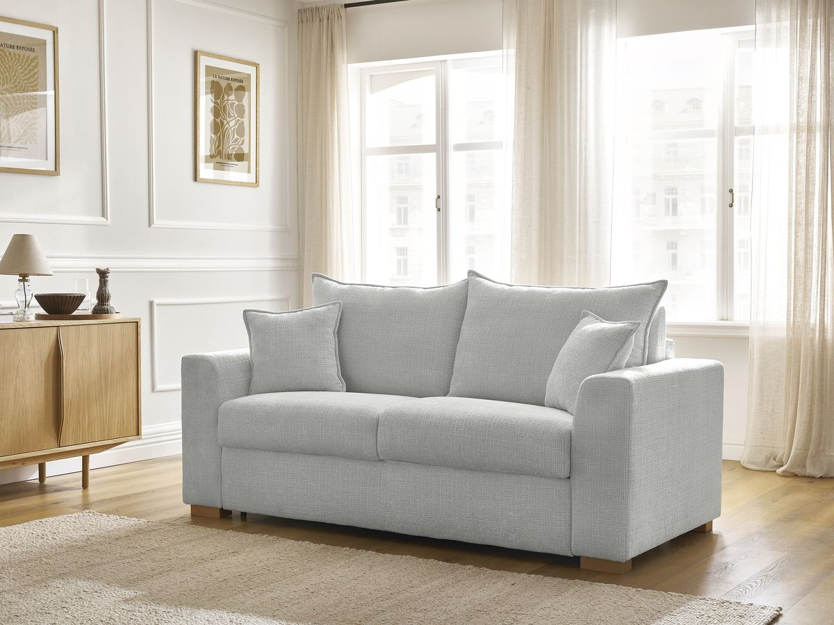 Bobochic Augustin Schlafsofa 3-Sitzer Strukturstoff Hellgrau, Liegefläche 140 × 200 cm