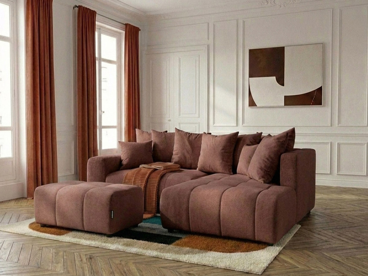 Bobochic Roxelane Ecksofa mit Schlaffunktion und Bettkasten und Pouf Melange-Stoff Rot Ecke rechts