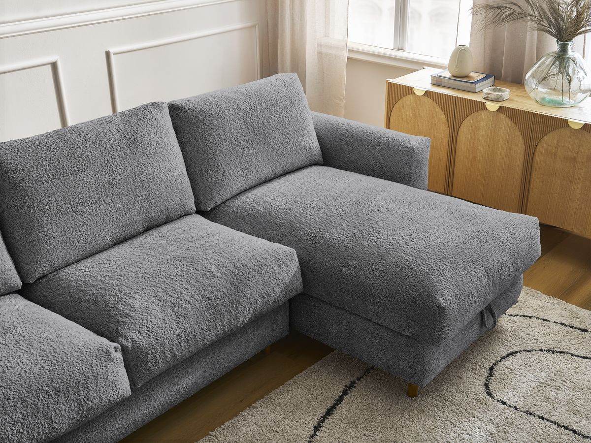 Bobochic Cocoone Ecksofa mit Schlaffunktion und Bettkasten Bouclé-Stoff Dunkelgrau, Liegefläche 140 × 200 cm