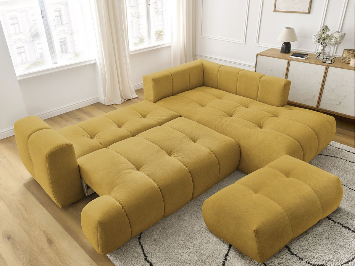 Bobochic Fuji Ecksofa mit Schlaffunktion und Bettkasten und Pouf 282 × 204 cm Stoff Gelb Ecke rechts