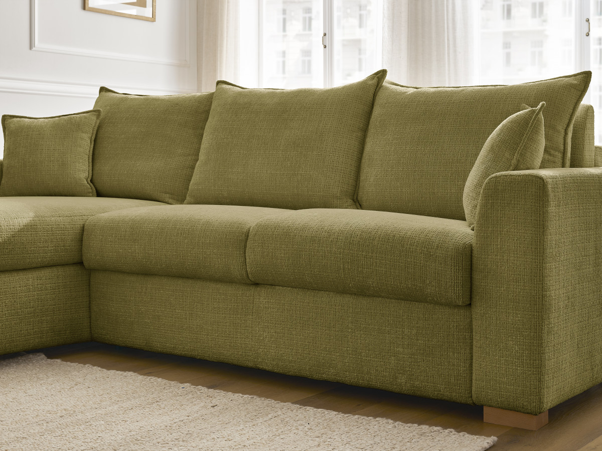 Bobochic Augustin Ecksofa mit Schlaffunktion und Bettkasten Strukturstoff Grün, Liegefläche 140 × 200 cm