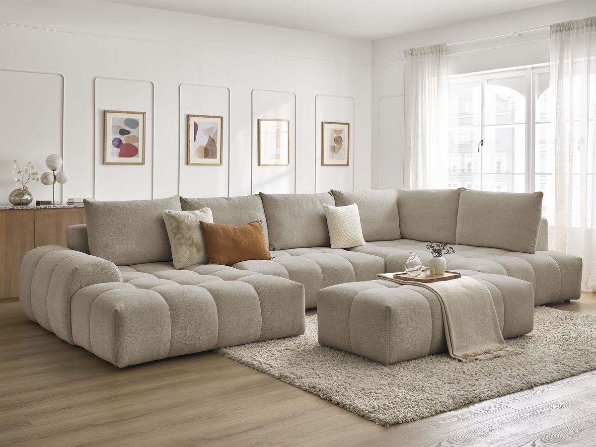 Bobochic Everest Wohnlandschaft mit Pouf, 6 Kissen Melange-Stoff Taupe Ecke links